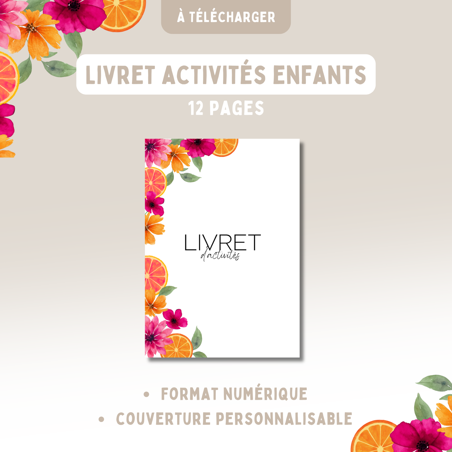 Livret activités enfants fleurs orange & rose